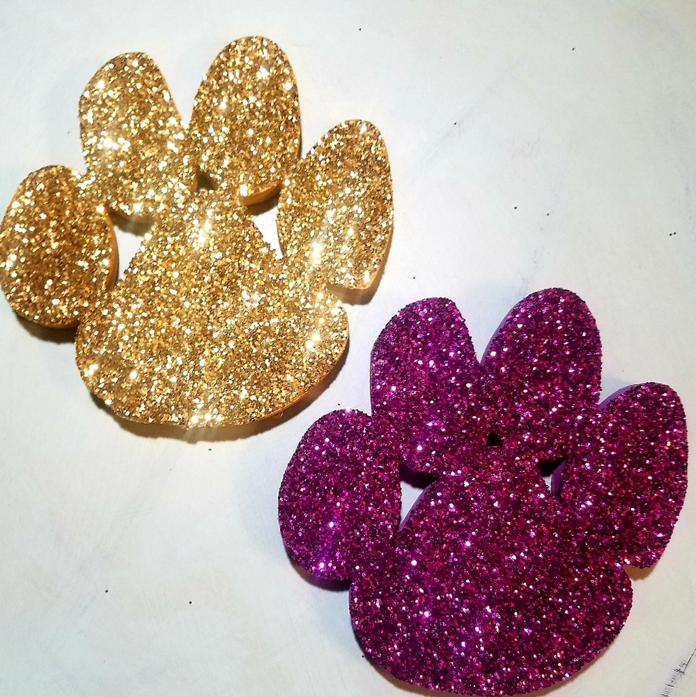 2 wooden tiger print purple and gold glitter